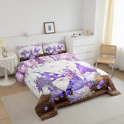 Manfei Cute Gnomes Comforter Set Full Size, Purple Vine Flower Butterfly Quilt Set with 2 Pillowcases, Lavender Bouquet Bedding Set 3pcs for Kids Boys Girls Grey Wood Plank Duvet Insert