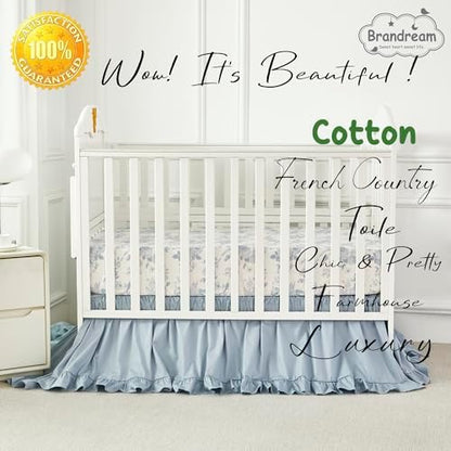 Brandream French Country Toile Crib Bedding Set for Girls Vintage Blue Grandmillennial Toile Floral Print 100% Cotton Baby Girl Nursery Bedding - 3 Pieces Ruffles Quilt,Toile Crib Sheet,Crib Bed Skirt