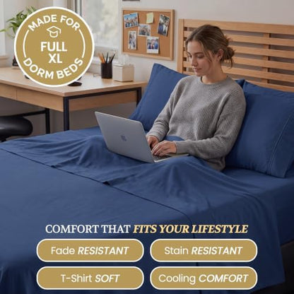 Full XL 100% Cotton Jersey Knit Sheet Set, 4PC, 15" Deep Pocket, Navy Blue