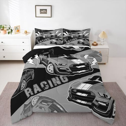 Erosebridal Race Car Bedding Set for Boys Teens Kids Black Grey Racing Car Comforter Set King Size,Cool Sports Car Quilt Bed Set Bedroom Decor for Boys Girls Race Cars Gamer Comforter Sets 3Pcs