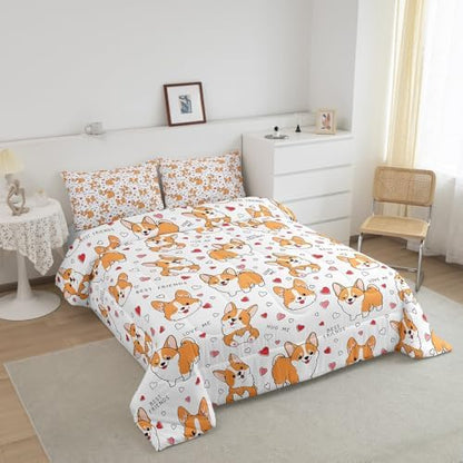 Feelyou Kids Kawaii Corgi Comforter Set Toddler Cute Dog All Season Down Comforter Boys Girls Cartoon Puppy Dog Bedding Set Lovely Animal Quilt Set Room Decor 2Pcs with 1 Pillow Case Twin Size