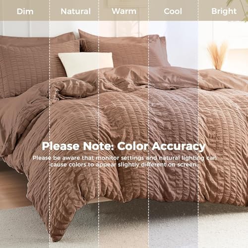 HYMOKEGE Mocha Brown Full Size Comforter Sets Seersucker 7 Pieces, All Season Luxury Bed in a Bag for Bedroom, Bedding Set with Comforter, Sheets, Pillowcases & Shams