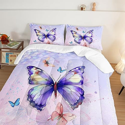 HOSIMA Butterfly King Size Comforter Set with 2 Pillowcases, Mandala Butterfly Bedding Sets for Girls Teen Women Room Decor, Purple Comforter College Dorm Essentials
