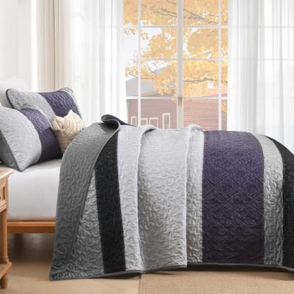 Cottolester Boho King Size Quilt Set,Black Purple Striped Bedsperads Set