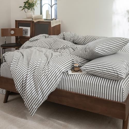 FOSSA Striped Duvet Cover Set 100% Washed Cotton Linen Feel Oversized King