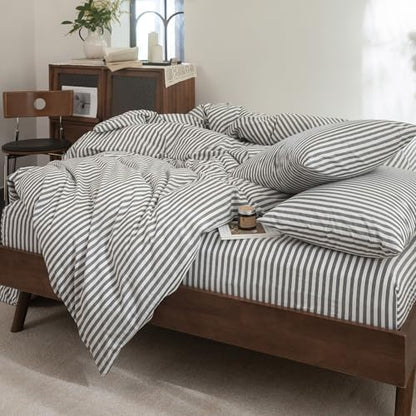 FOSSA Striped Duvet Cover Set 100% Washed Cotton Linen Feel Twin