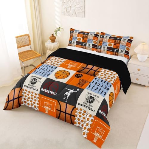Homewish Boy Basketball Comforter Set Queen Size,Ball Sport Games Bedding Sets 3Pcs for Teens Room Decor,Basketball Player Silhouette Quilted Duvet Modern Patchwork Plaid Down Comforter,2 Pillowcases