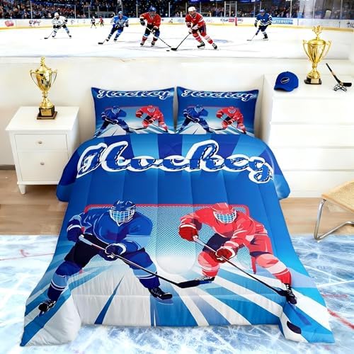 Homewish Ice Hockey Full Size Comforter Set,Sports Gaming Bedding Set for Adults Teens,Children Hockey Sport Player Comforter Luxury Blue and Red Quilt Set Room Decor 3Pcs