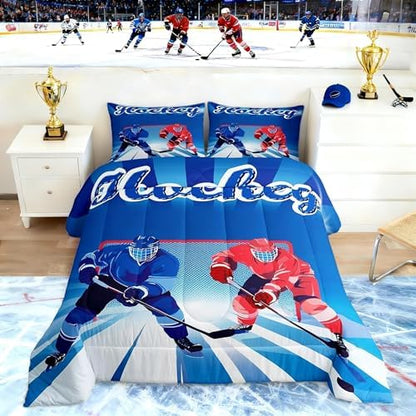 Homewish Ice Hockey Full Size Comforter Set,Sports Gaming Bedding Set for Adults Teens,Children Hockey Sport Player Comforter Luxury Blue and Red Quilt Set Room Decor 3Pcs