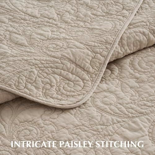 EVERGRACEHOME 100% Cotton Paisley Quilt Set, King Size, Flax Beige