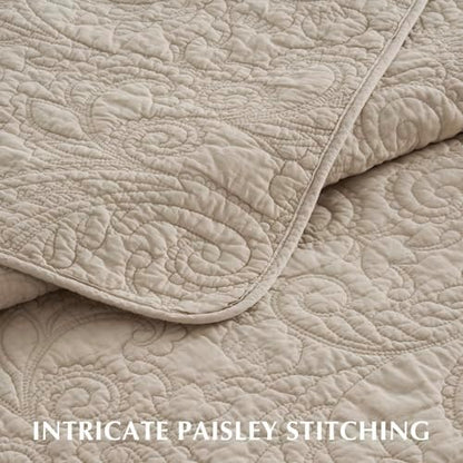 EVERGRACEHOME 100% Cotton Paisley Quilt Set, King Size, Flax Beige
