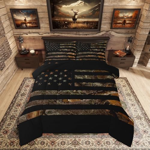 American Flag Camo Bedding Set Rustic Tree Leaves Camouflage Comforter Set King,Military Hunting Down Comforter for Boys Teens Kids Man Bedroom Nature Conifer Oak Branches Bedding Quilt Set 3 Pcs