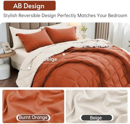 MUXHOMO 7 Pieces California King Comforter Set, Reversible Bed in a Bag Cal King Size, All Season Bedding Set with Comforter, Flat Sheet, Fitted Sheet, Pillowcases & Shams, Burnt Orange & Beige
