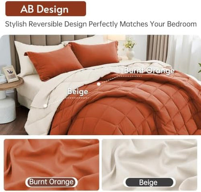 MUXHOMO 7 Pieces California King Comforter Set, Reversible Bed in a Bag Cal King Size, All Season Bedding Set with Comforter, Flat Sheet, Fitted Sheet, Pillowcases & Shams, Burnt Orange & Beige