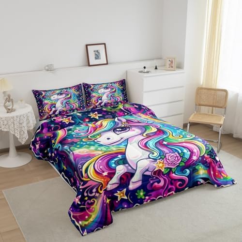 Castle Fairy Kids Unicorn Comforter King Size Girly Cartoon Animal Bedding Set Cute Watercolor Unicorns Print Duvet Set Children Boys Girls Unicorn Duvet Set, Rainbow Star Reversible Down Comforter
