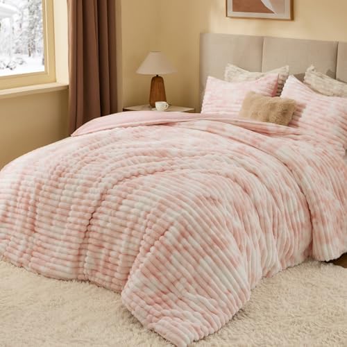 BEDELITE Fleece King Comforter Set, Fluffy Bed Set, Pink&White