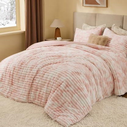 BEDELITE Fleece King Comforter Set, Fluffy Bed Set, Pink&White