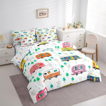 Erosebridal Cartoon RV Comforter Set King Size,Happy Camping Bedding Set for Kids Teens,Kids Doodle Trees (Comforter+Fitted+Flat Sheet+2 Pillowcases+2 Throw Pillow Covers) 7 Pieces Bed Set
