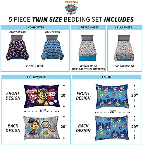 Franco Kids Bedding Super Soft Comforter and Sheet Set with Sham, 5 Piece Twin Size, Paw Patrol Movie