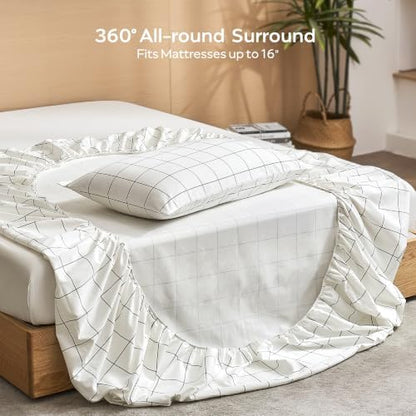JELLYMONI 100% Cotton Sheet Set, White Plaid, Twin