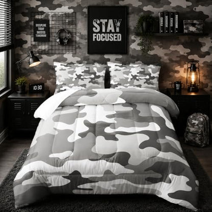 Nttopship Camo Comforter Set for Girls Men，King Size Grey Camouflage Bedding Sets for Kids Boys,Ultra Soft Lightweight Bedding Sets，Kids Room Decor with 1 Comforter with 2 Pillow Case