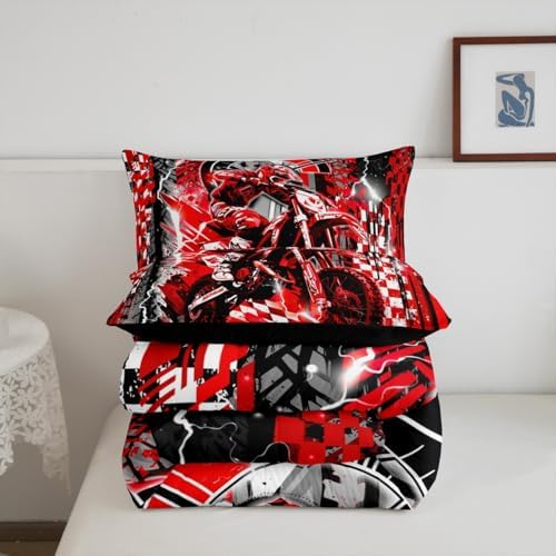 Feelyou Dirt Bike Kids Bedding Set,Boys Girls Queen Size,Racing Motocross Comforter Set,Extreme Sports Ultra Soft Duvet Quilt,Motorcycle Comforter Motorbike Bedroom Decor Red