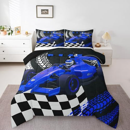 Erosebridal Go Kart Twin Bedding Set for Boys, Race Car Bed for Boys Drift Kart Toddler Bedding Sets,Black and White Checked Plaid Comforter Set Square Grid Lattice Karting Quilt,Blue