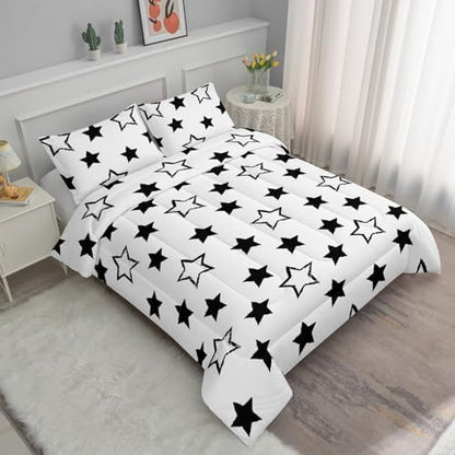 Axolotl Kids King Bedding Comforter Set,3Pcs Cute Black and White Stars Quilt Set for Kids,Geometric Stars Bedding with 1 Comforter 2 Pillowcases for Boys Girls Teens Adults Room Decor All Season
