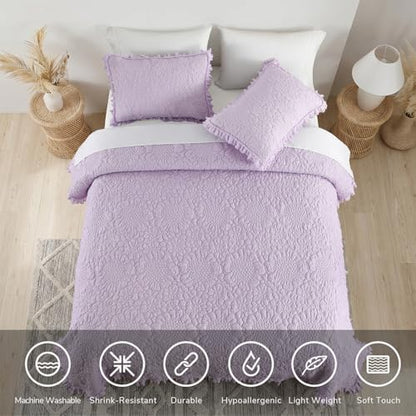 HORIMOTE HOME Lavender Ruffled Quilt Queen Size, Stone-Washed Microfiber Lightweight Crinkled Farmhouse Rustic Shabby Chic Bedding Set, 3 Pieces Reversible Bedspread with Pillow Shams for All Season