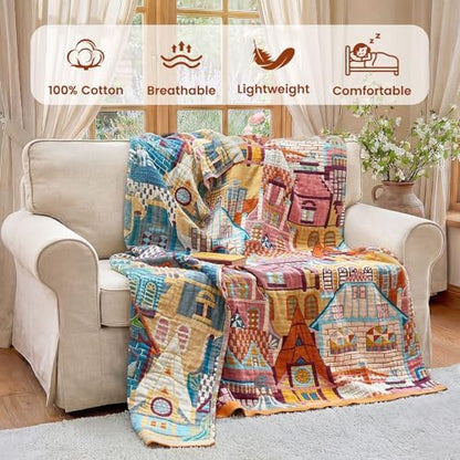 MSGKV Roman Castle Cotton Throw Blanket 50"x60" Art Woven Cotton Throw
