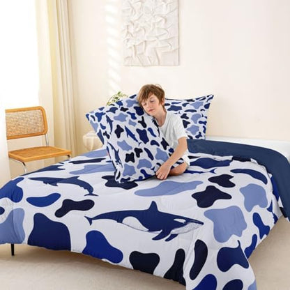 Manfei Sea Animal Camo Comforter Set Toddler Size,Sharks and Whales Camouflage Bedding Set 2pcs,Blue Ocean Camo Down Comforter for All Season,Kids Boys Girls Room Decor,1 Pillowcase,No Sheets
