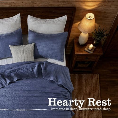 DOWN HOME Queen Quilt Bedding Set with Shams, Vintage Washed Soft Quilted Blanket Thin Comforter Lightweight Bedspread Coverlet Bed Cover, Brushed Microfiber Stripe Stitching, Vintage Denim, 86"x90"