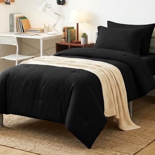 CozyLux Twin Comforter Black, 5 Pieces Bed in a Bag