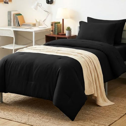CozyLux Twin Comforter Black, 5 Pieces Bed in a Bag