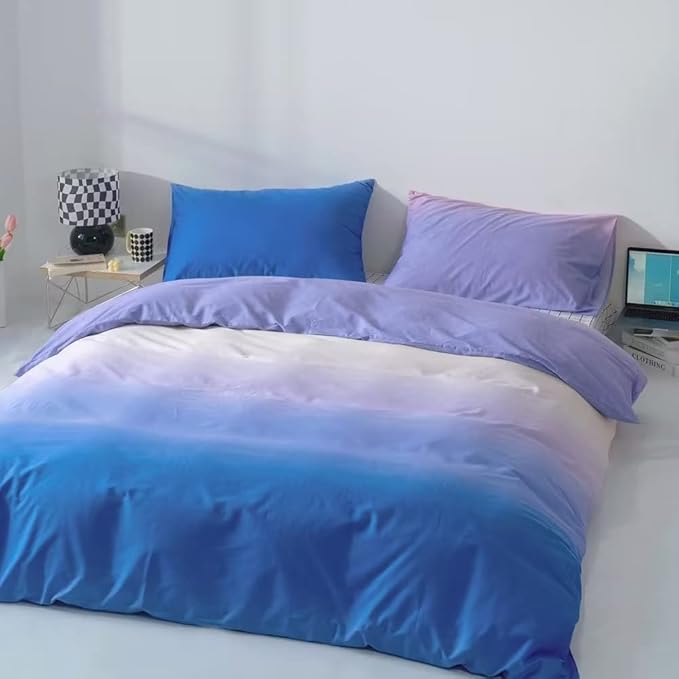 CLOTHKNOW Blue Purple Full Size Comforter Set Blue Gradient Bedding Comforter Sets Soft Blue White Comforter with 2 x Pillow Cases