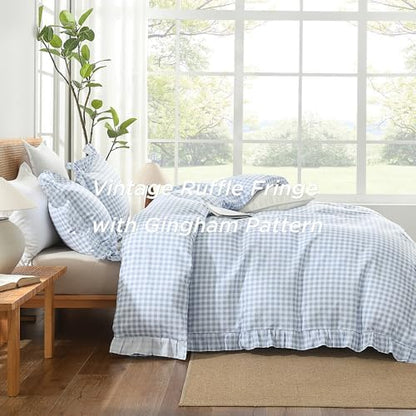 Andency Blue Gingham Duvet Cover King, Ruffle Shabby Chic Bedding Set 3 Pcs
