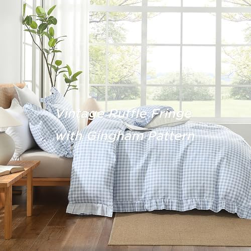 Andency Blue Gingham Duvet Cover Full, Ruffle Shabby Chic Bedding Set 3 Pcs