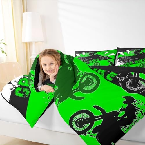 Erosebridal Boys Dirt Bike Comforter Set Queen Kids Motocross Bedding Set Dirtbike Bedroom Decor for Boys Men Adult,Rider Motorcycle Bed Set Cool Extreme Sports Bedding Sets 3Pcs,Green Black