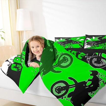 Erosebridal Boys Dirt Bike Comforter Set Queen Kids Motocross Bedding Set Dirtbike Bedroom Decor for Boys Men Adult,Rider Motorcycle Bed Set Cool Extreme Sports Bedding Sets 3Pcs,Green Black