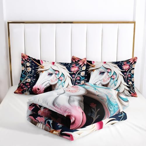 White and Pink Unicorn Flower Full Size Comforter Set for Girls，Kids Full Size Unicorn Bedding Sets for Girls