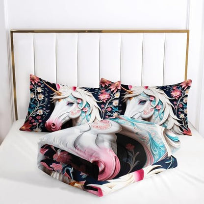 White and Pink Unicorn Flower Full Size Comforter Set for Girls，Kids Full Size Unicorn Bedding Sets for Girls