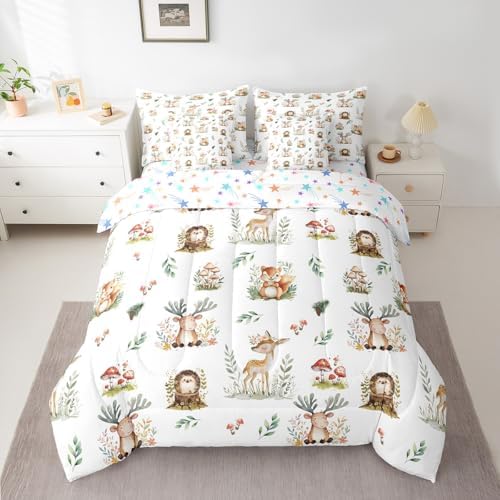 Erosebridal Woodland Animal 7 Piece Kids Comforter Set Kawaii Deer Hedgehog Squirrel Queen Bedding Set for Boys Girls Child Cartoon Animals Sheet Set Cute Mushroom Pine Cones Leaves Botanical Quilt