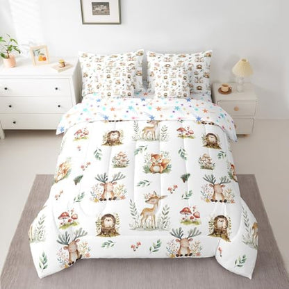 Erosebridal Woodland Animal 7 Piece Kids Comforter Set Kawaii Deer Hedgehog Squirrel Queen Bedding Set for Boys Girls Child Cartoon Animals Sheet Set Cute Mushroom Pine Cones Leaves Botanical Quilt