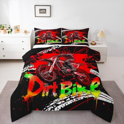 Feelyou Racing Motocross Rider Kids Bedding Set,Boys Girls King Size,Dirt Bike Comforter Set,Extreme Sports Ultra Soft Duvet Quilt,Tire Print Comforter Motorbike Bedroom Decor