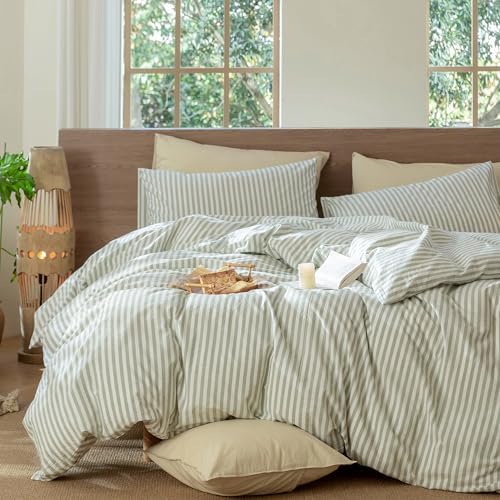 MooMee Striped Duvet Cover Set 100% Washed Cotton Linen Like Cal King