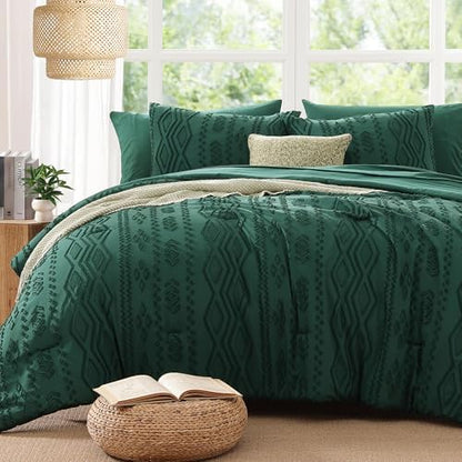King Size Comforter Set Emerald Green Tufted Boho Bedding Sets 7 Pieces