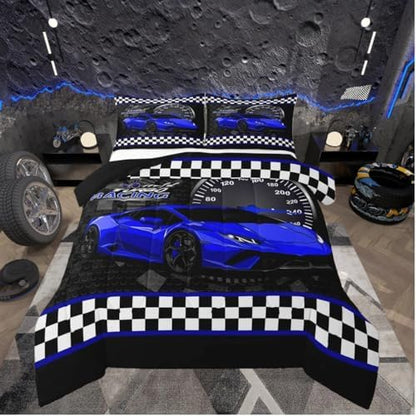 Feelyou Race Car Duvet Quilt Full Size Blue Speed Sports Car Bedding Set for Kids Boys Girls Decor Automobile Bedding Set Breathable Soft Lightweight Microfiber Extreme Sports Bedroom Decor