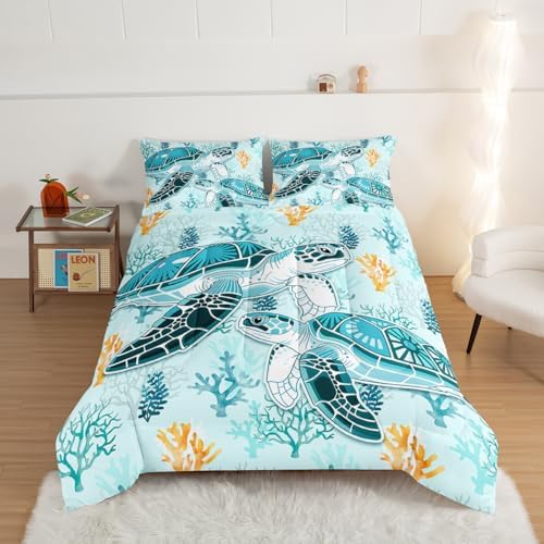 HOSIMA Coastal Beach Themed Sea Turtle Twin Comforter with 2 Pillowcases.