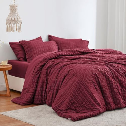 Love's cabin Seersucker Burgundy King Size Comforter Set