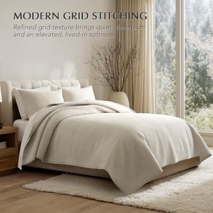 EverGrace 100% Cotton Modern Grid Stitch Quilt Set, King Size, Birch